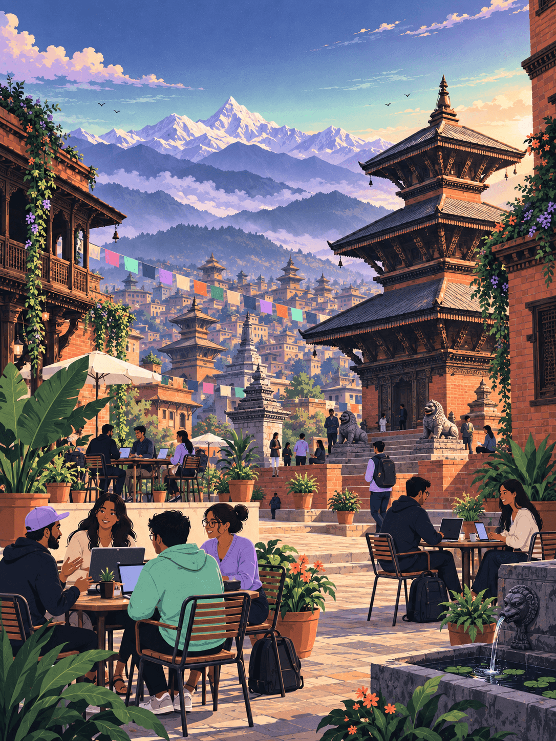 Illustrated Kathmandu courtyard with a pagoda, Himalayan peaks, and builders working on laptops